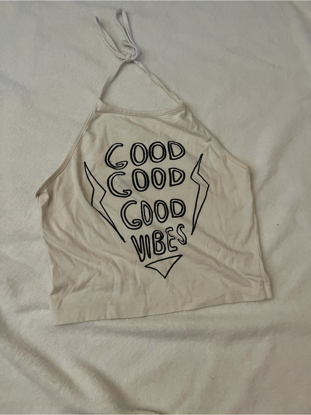 Brandy Melville Cream Halter Crop Top with Black "Good Vibes" Print